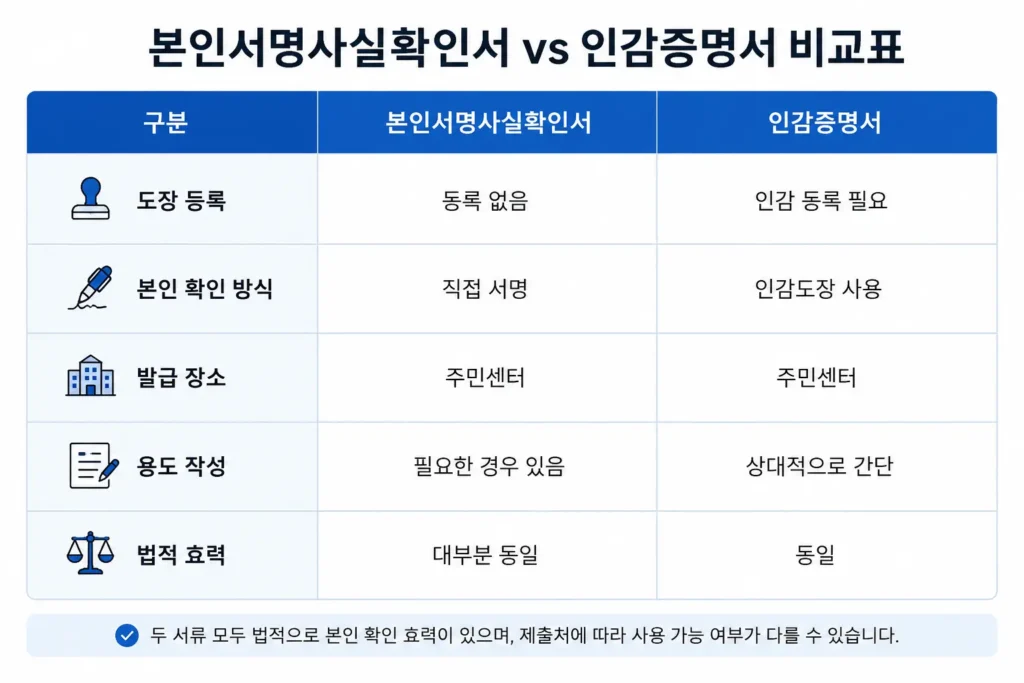 본인서명사실확인서 비교표
