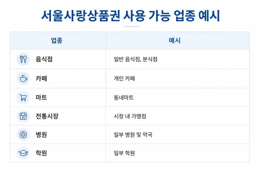 서울사랑상품권 사용 가능 업종 예시